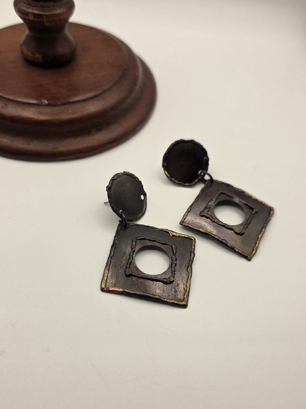 Handmade Brutalist Geometric Dark Copper Dangle Earrings 2.5" Pierced Ears